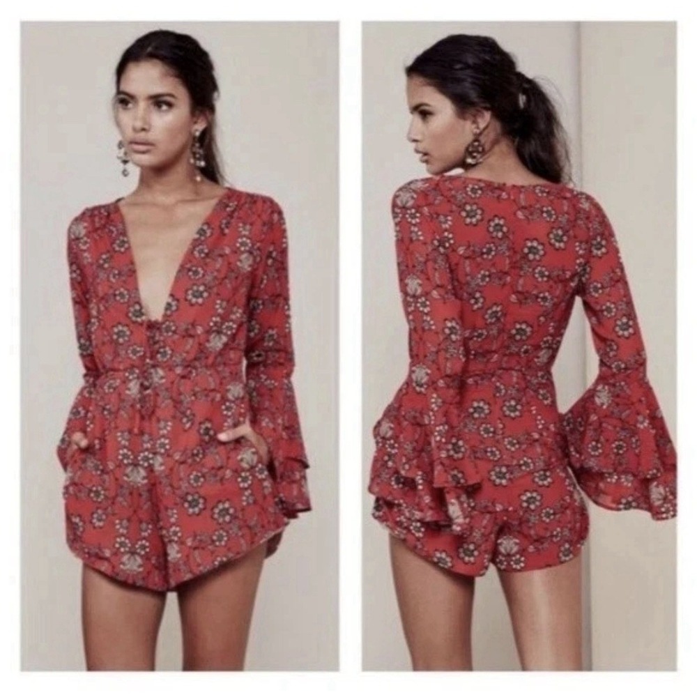 For Love & Lemons Pia Romper Size S Boho Red Floral Bell Sleeve‎ Festival *READ